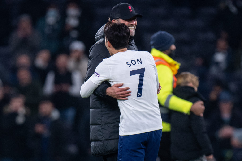 Jurgen Klopp shares an embrace with Son Heung-Min after the Premier League match between Tottenham Hotspur and Liverpool at the Tottenham Hotspur Stadium.
