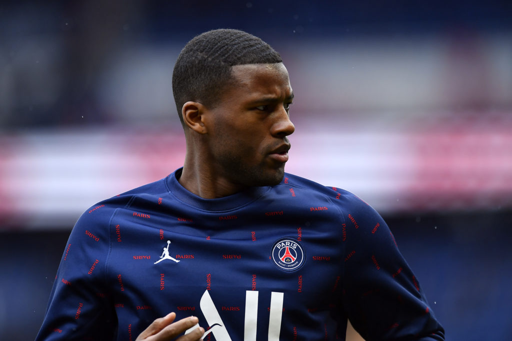 Gini Wijnaldum of Paris Saint-Germain looks on during warmup before the Ligue 1 Uber Eats match between Paris Saint-Germain and Girondins de Bordeaux at Parc des Princes