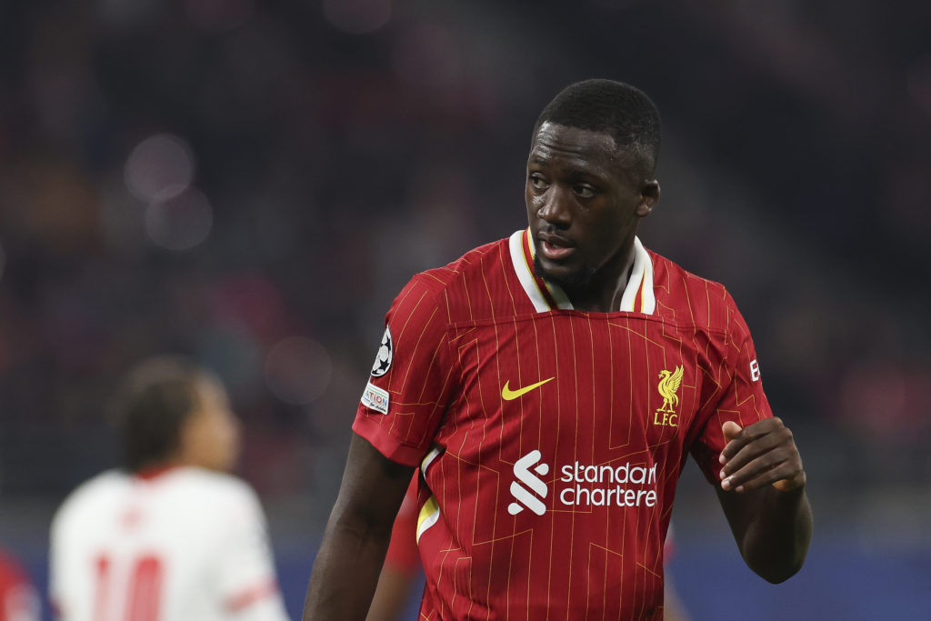 Ibrahima Konate of Liverpool FC looks on during the UEFA Champions League 2024/25 League Phase MD3 match between RB Leipzig and Liverpool FC at Leipzig Stadium