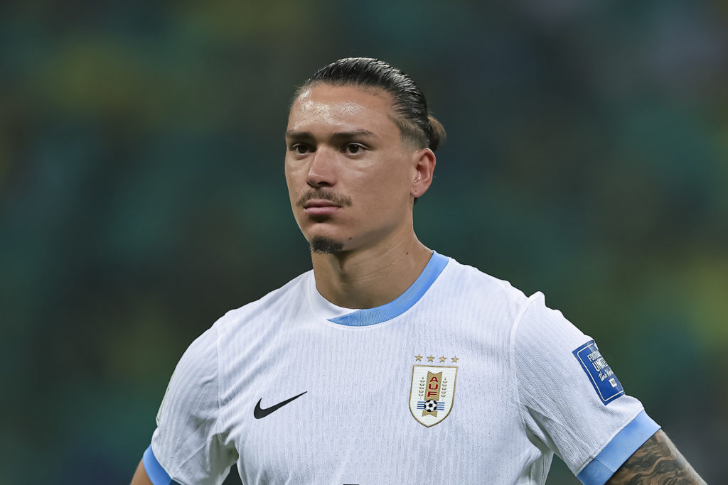 Darwin Nunez of Uruguay looks on during the FIFA World Cup qualifying match against Brazil.