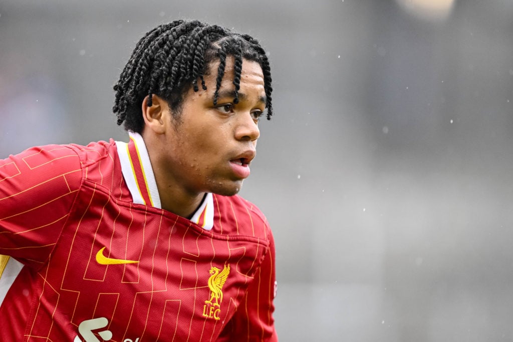 Rio Ngumoha of Liverpool FC looks on during the UEFA Youth League, 2024/25 Round of 16 match between VfB Stuttgart U19 and Liverpool FC U19