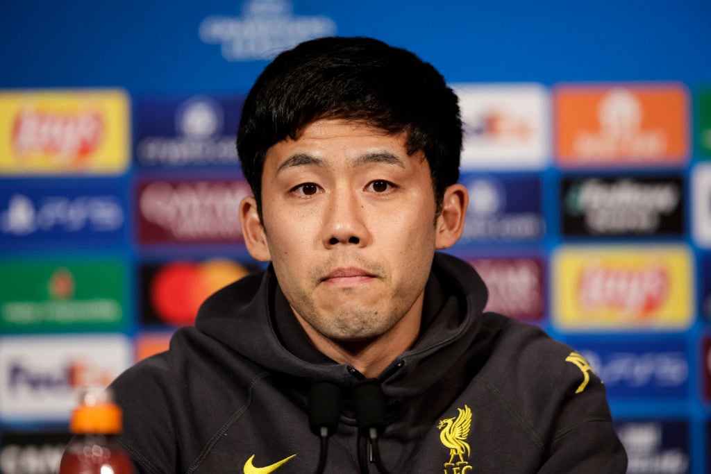 Wataru Endo speaks to the press ahead of Liverpool's UEFA Champions League last-16 match against PSG.