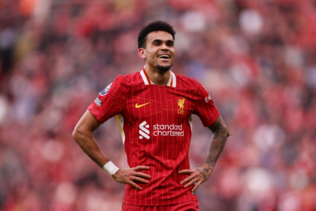 Luis Diaz of Liverpool reacts during the Premier League match between Liverpool and Southampton at Anfield