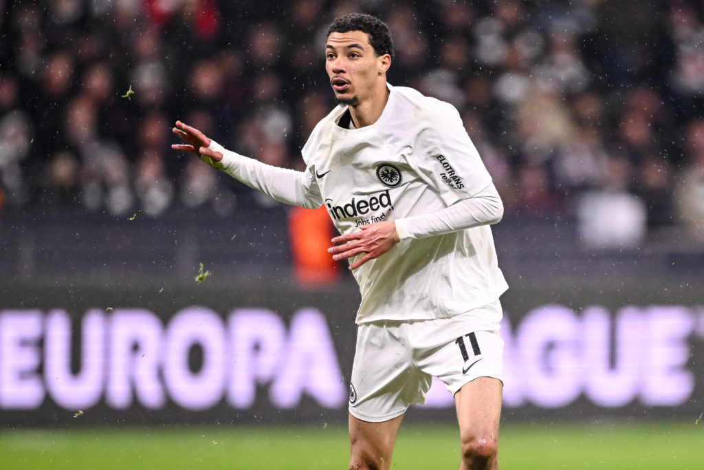 Hugo Ekitike playing against Ajax in the Europa League.