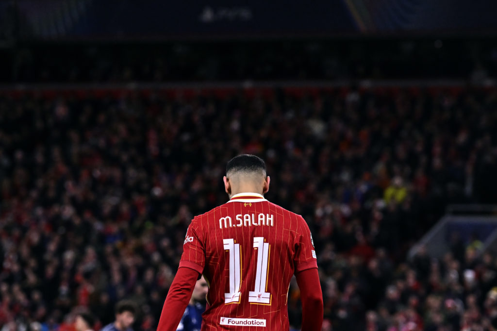 Mohamed Salah of Liverpool FC reacts during the UEFA Champions League 2024/25 UEFA Champions League 2024/25 Round of 16 Second Leg match between Liverpool FC and Paris Saint-Germain at Anfield