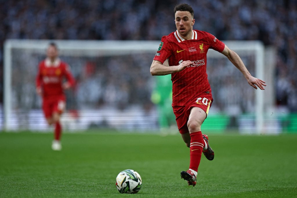 Diogo Jota of Liverpool in action during the 2025 Carabao Cup final against Newcastle United at Wembley Stadium.