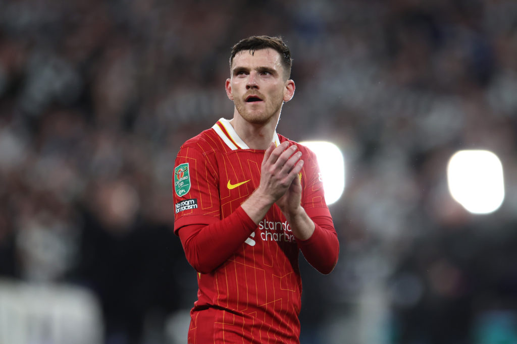 Andrew Robertson of Liverpool acknowledges the fans after the Carabao Cup Final between Liverpool and Newcastle United at Wembley Stadium