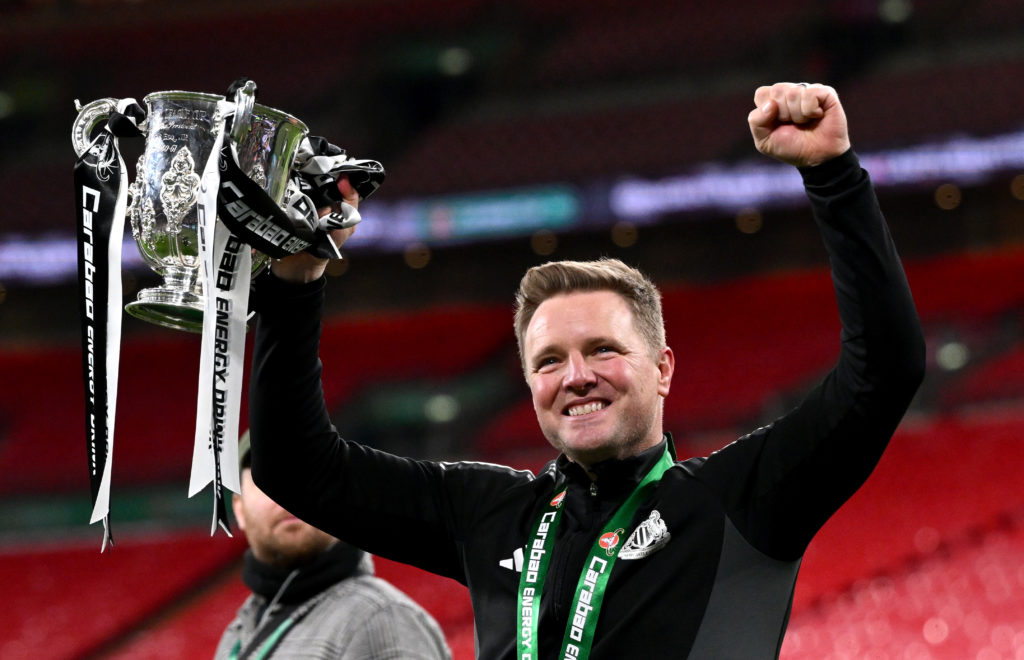 Eddie Howe celebrating Newcastle's Carabao Cup win over Liverpool.