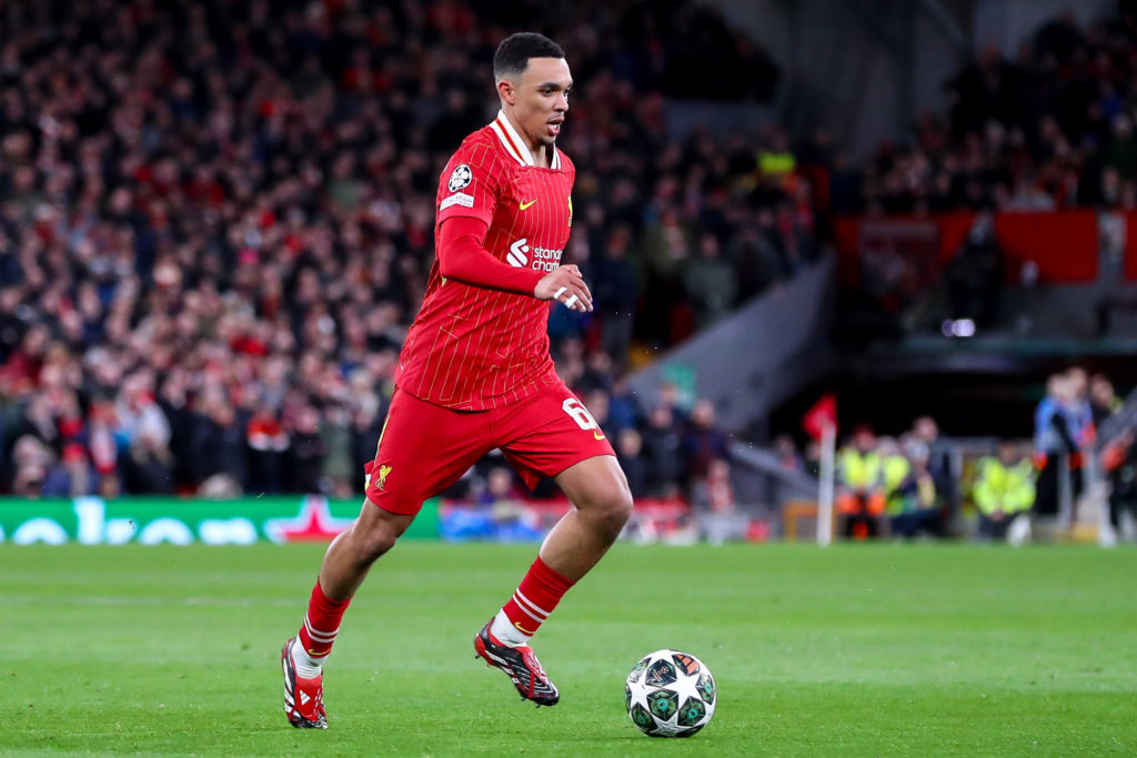 Trent Alexander-Arnold of Liverpool during the UEFA Champions League 2024/25 Round of 16 Second Leg match between Liverpool FC and Paris Saint-Germain at Anfield