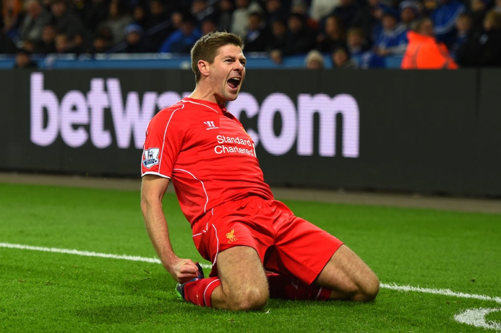 Steven Gerrard of Liverpool celebrates after scoring his team's second goal during the Barclays Premier League match between Leicester City and Liverpool at The King Power Stadium