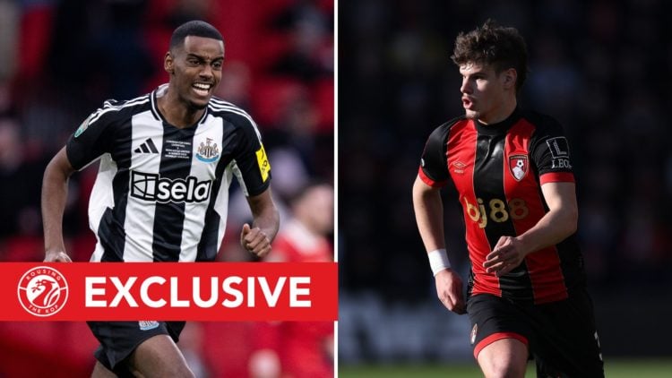 Split image of Alexander Isak during the Carabao Cup Final between Liverpool and Newcastle United, and Milos Kerkez of AFC Bournemouth controls the...