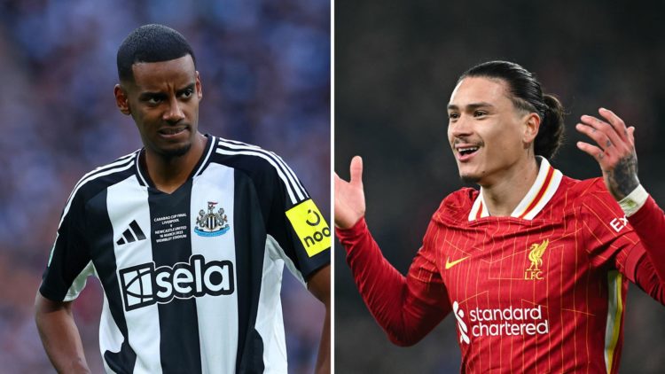 Split image of Newcastle United striker [L] Alexander Isak and Liverpool striker Darwin Nunez [R]