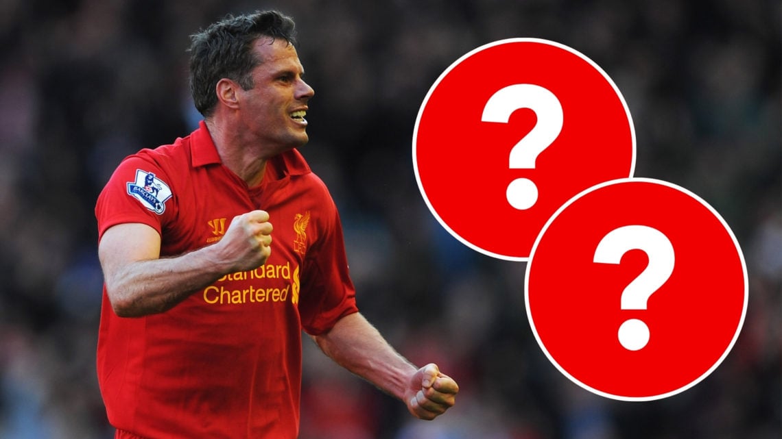 Jamie Carragher of Liverpool celebrates the equalising goal scored by Luis Suárez during the Barclays Premier League match between Liverpool and Ch...