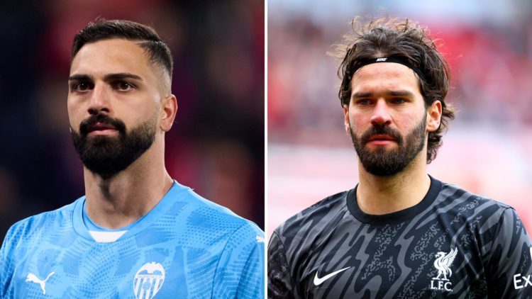 A split image of Giorgi Mamardashvili on the left and Alisson Becker on the right.