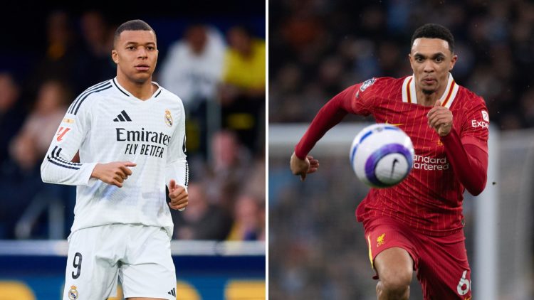 Kylian Mbappe of Real Madrid is in action during the LaLiga EA Sports match, and Trent Alexander-Arnold of Liverpool FC in action.