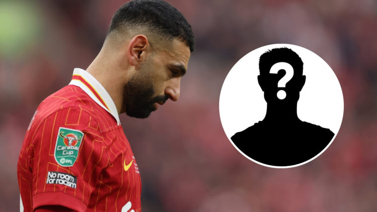 Mohamed Salah of Liverpool looks dejected during the Carabao Cup Final between Liverpool and Newcastle United, with an inset of a mystery player si...