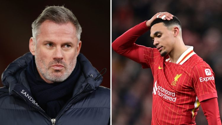 Split image of pundit Jamie Carragher [L] and Liverpool defender Trent Alexander-Arnold [R]