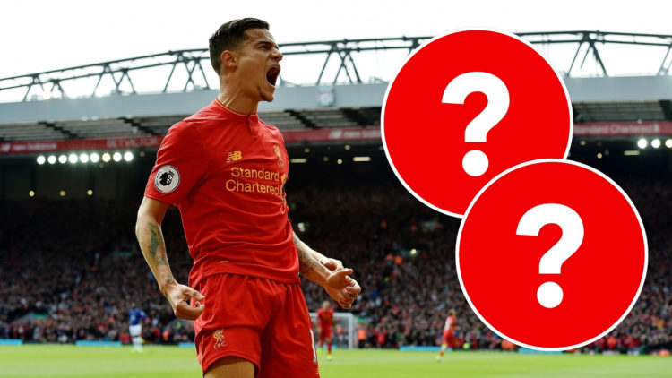 Philippe Coutinho of Liverpool celebrates the second goal during the Premier League match between Liverpool and Everton at Anfield on April 1, 2017...