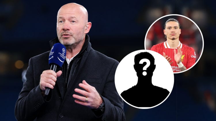 Image of pundit Alan Shearer during the UEFA Champions League 2024/25 with two inset images of Darwin Nunez and a mystery player