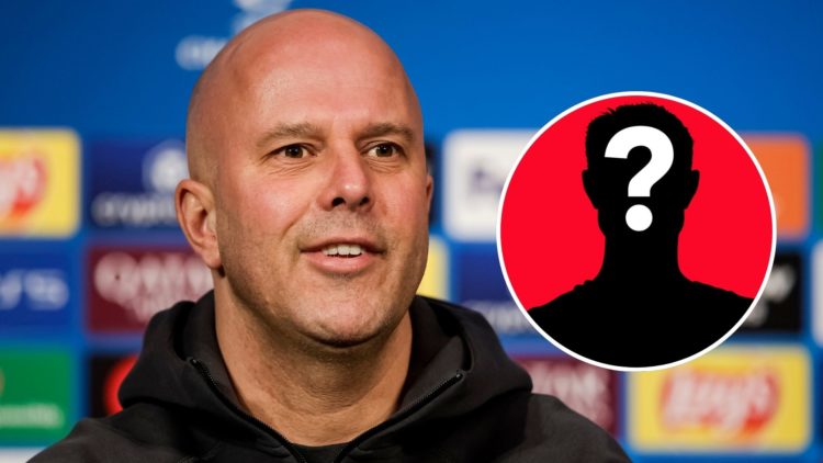 Image of Liverpool Head Coach Arne Slot talks during press conference with an inset of a mystery player silhouette