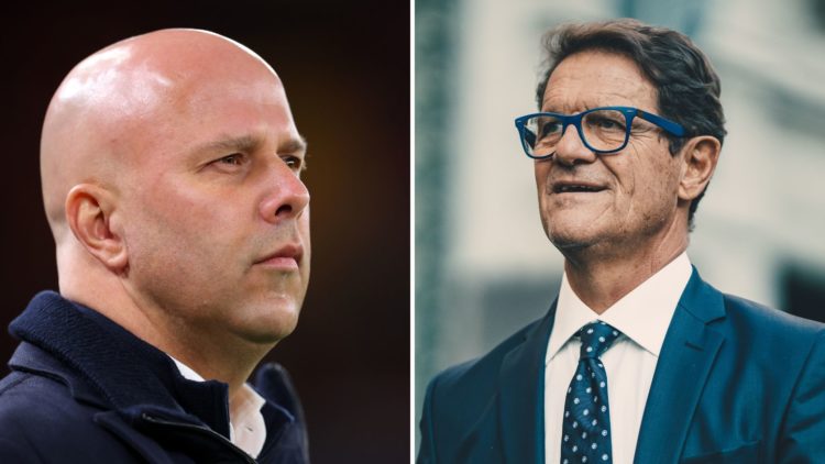 Two way split image of (L) Liverpool manager Arne Slot and (R) FIFA legend Fabio Capello.