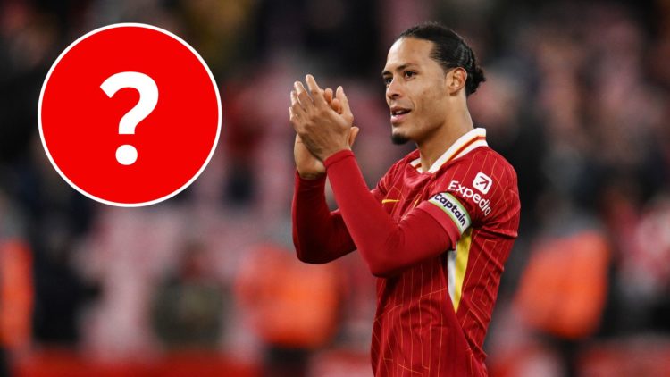 Virgil van Dijk applauds the fans after the final whistle during the Premier League match between Liverpool FC and Ipswich Town FC. Overlaid, a typ...