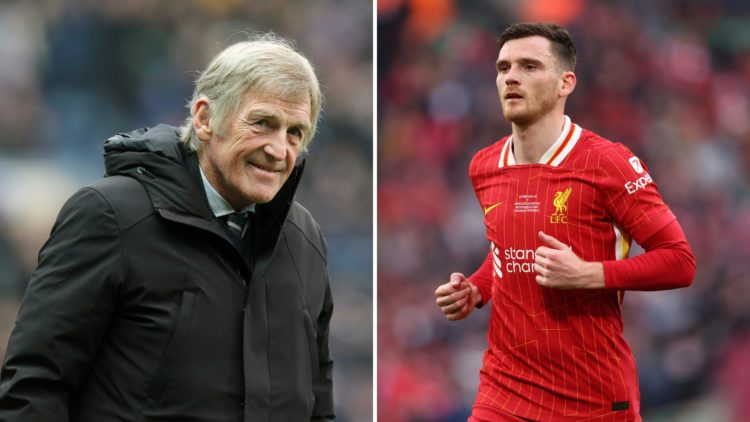Split image of Kenny Dalglish during a Sky Bet Championship match (left) and Andy Robertson during the Carabao Cup Final (right).