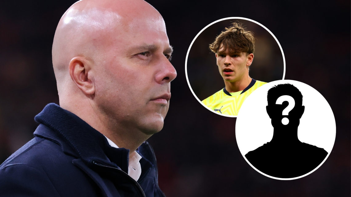 An image of Arne Slot, manager of Liverpool, during a UEFA Champions League match, with two circular insets: one of Tyler Dibling and another of a ...