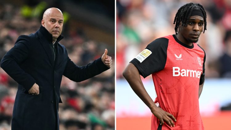 A split image of Arne Slot (left) during a match and Jeremie Frimpong (right) during a Bundesliga game.