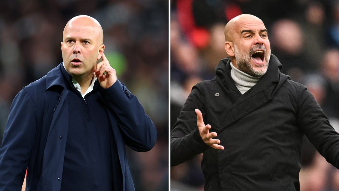Split image: Liverpool coach Arne Slot reacts at full-time following the Carabao Cup Final (left), Manchester City's Spanish manager Pep Guardiola ...