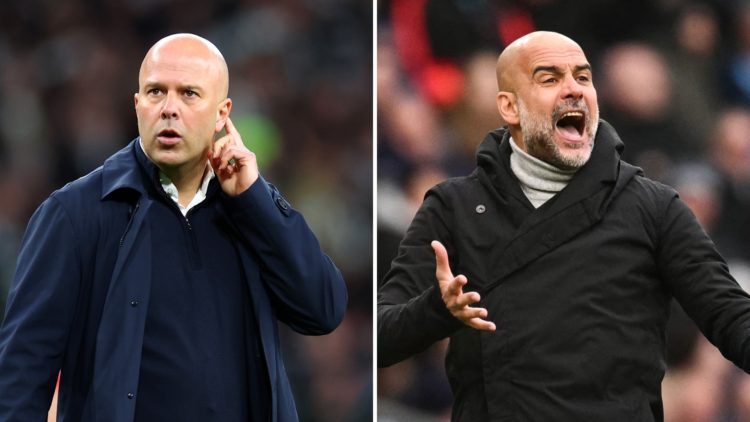 Split image: Liverpool coach Arne Slot reacts at full-time following the Carabao Cup Final (left), Manchester City's Spanish manager Pep Guardiola ...