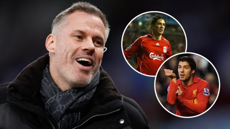 An image of Jamie Carragher working as a pundit, with two insets: one of Luis Suarez and the other of Fernando Torres, both during their time at Li...