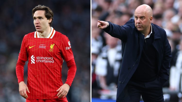Split image of Federico Chiesa during the Carabao Cup Final (left) and Arne Slot (right).