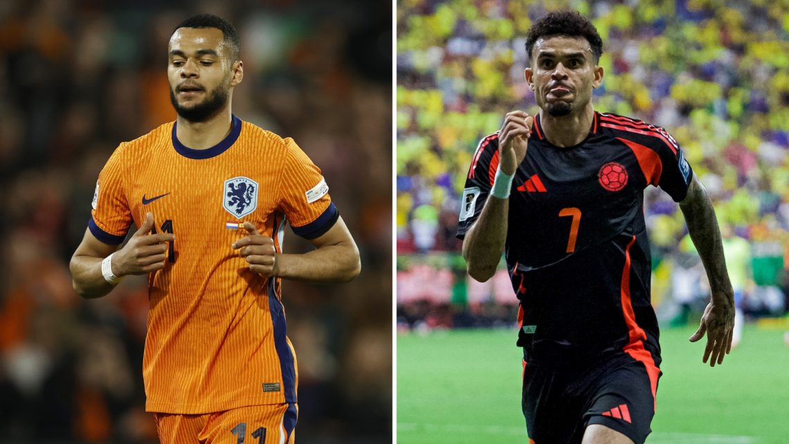 A split image featuring Cody Gakpo in action for the Netherlands on the left and Luis Díaz in action for Colombia on the right.