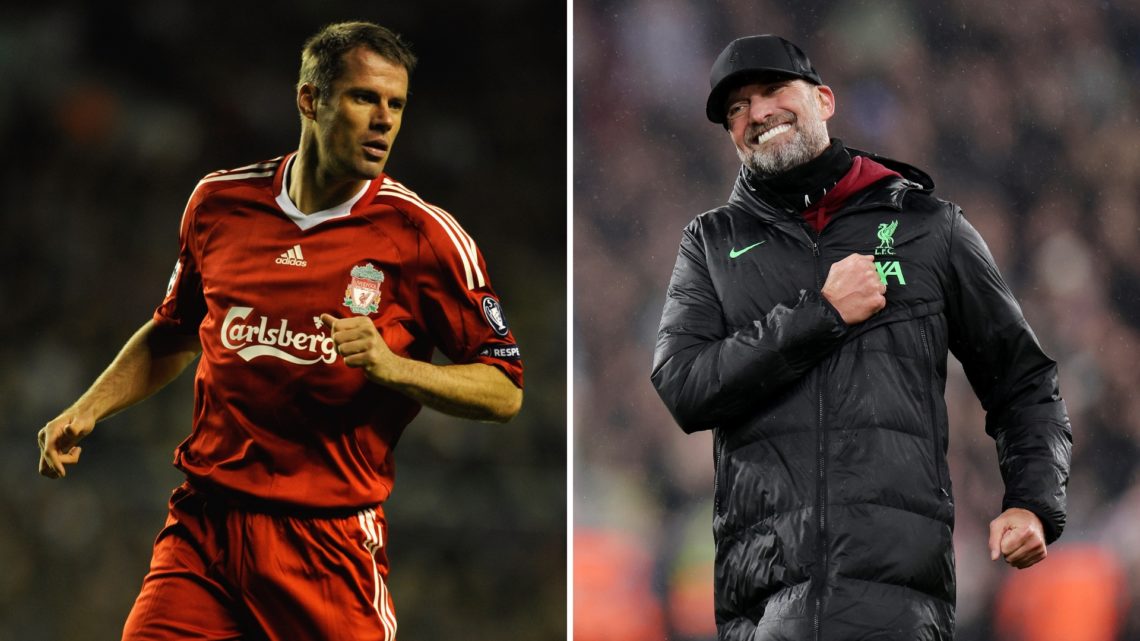 Split image of Jamie Carragher in his Liverpool playing days (left) and Jürgen Klopp (right).