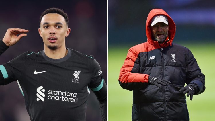 Split image of Trent Alexander-Arnold (left) and Jürgen Klopp in his early days as Liverpool manager (right).