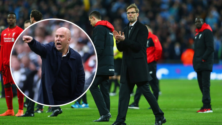Jürgen Klopp, manager of Liverpool, looks dejected in defeat after the Capital One Cup Final match between Liverpool and Manchester City at Wembley...