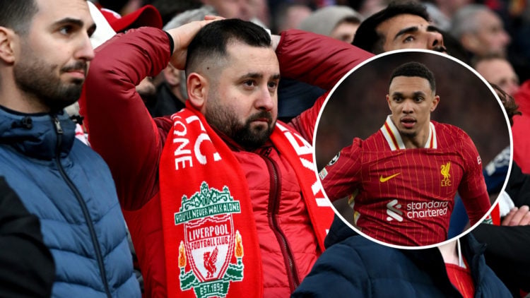 Liverpool players react during the Carabao Cup Final between Liverpool and Newcastle United at Wembley Stadium, with an inset of Trent Alexander-Ar...