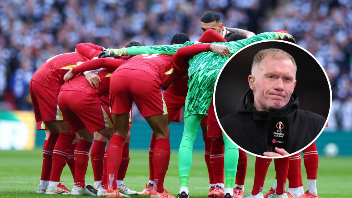 The Liverpool players huddle prior to the Carabao Cup Final, with an inset of Paul Scholes working as a pundit.