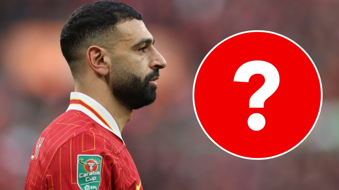 An image of Mohamed Salah of Liverpool during the Carabao Cup Final between Liverpool and Newcastle United, with an inset question mark.