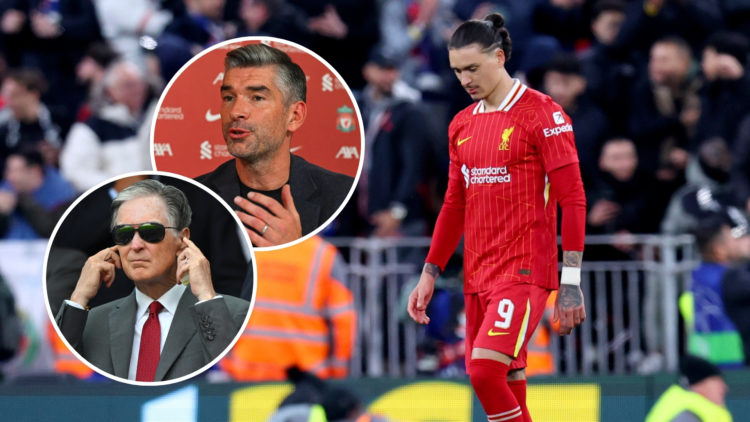 Darwin Núñez of Liverpool looks dejected after missing a penalty during the UEFA Champions League, with insets of Liverpool owner John Henry and sp...