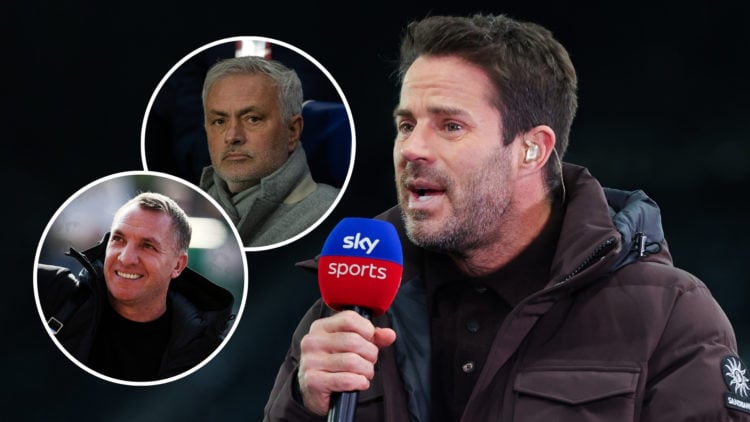 Sky Sports pundit Jamie Redknapp during a Carabao Cup match, with two insets featuring José Mourinho and Brendan Rodgers.
