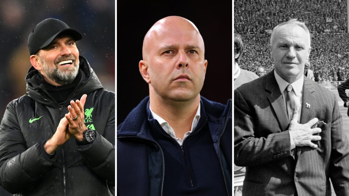 Three-way image split of Klopp, Slot, and Shankly.