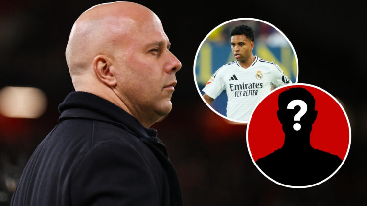 Arne Slot, Manager of Liverpool, looks on prior to the UEFA Champions League 2024/25 match, with an inset of Rodrygo of Real Madrid and Brazil duri...