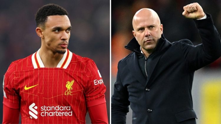 Split image of Trent Alexander-Arnold during a match (left) and Arne Slot (right).