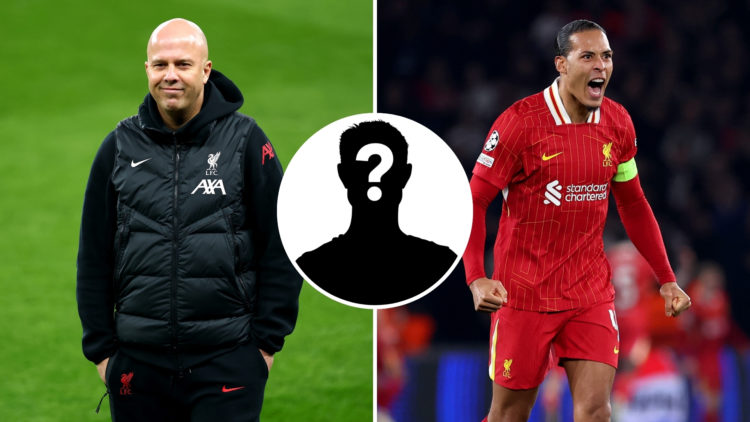 Split image of Arne Slot (left) and Virgil van Dijk (right), with a question mark inset in the middle.