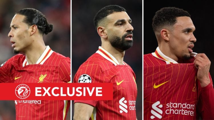 Three-way split image of Virgil van Dijk, Mohamed Salah, and Trent Alexander-Arnold, all looking on during their recent UEFA Champions League match...