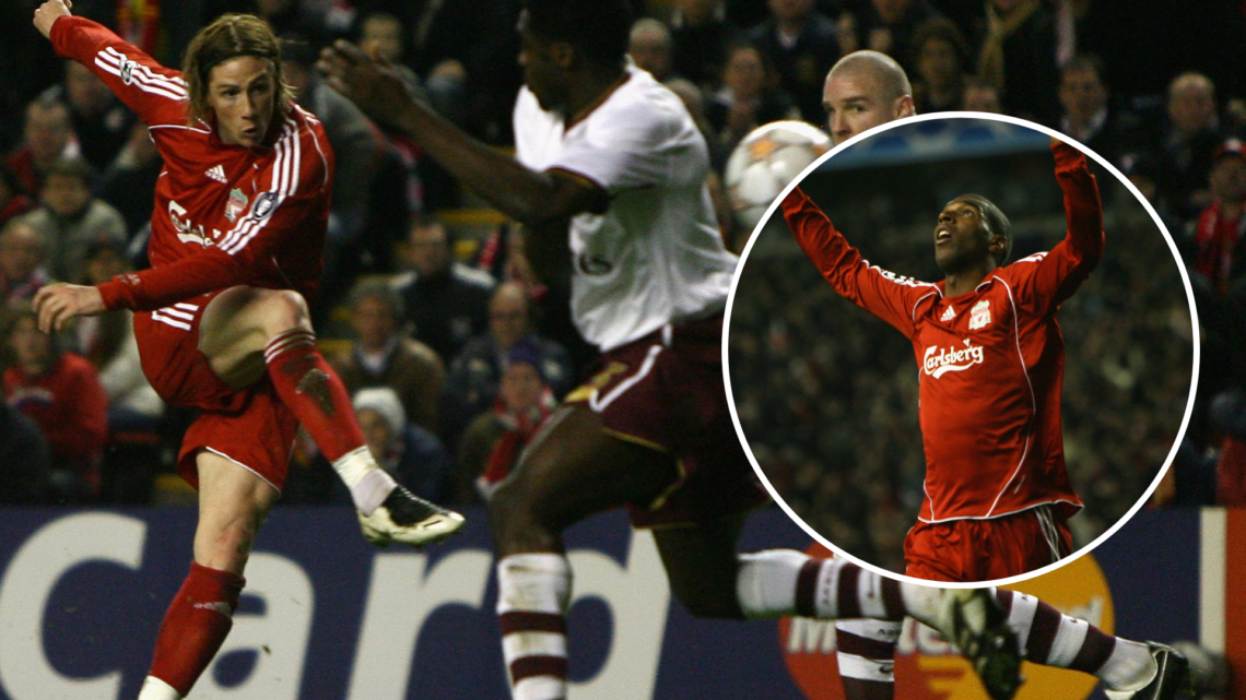 Fernando Torres scores for Liverpool against Arsenal. Ryan Babel celebrates scoring for Liverpool against Arsenal.
