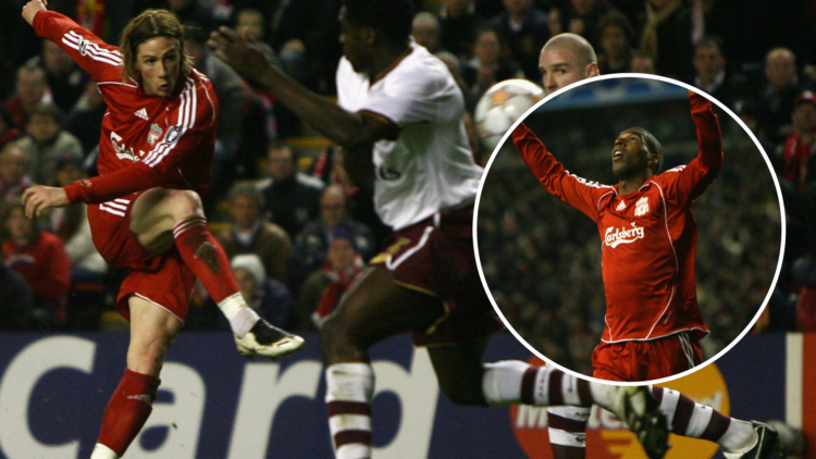 Fernando Torres scores for Liverpool against Arsenal. Ryan Babel celebrates scoring for Liverpool against Arsenal.