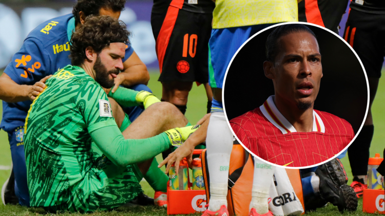 Brazil goalkeeper Alisson Becker receives treatment for a head injury. Inset Virgil van Dijk in action for Liverpool.